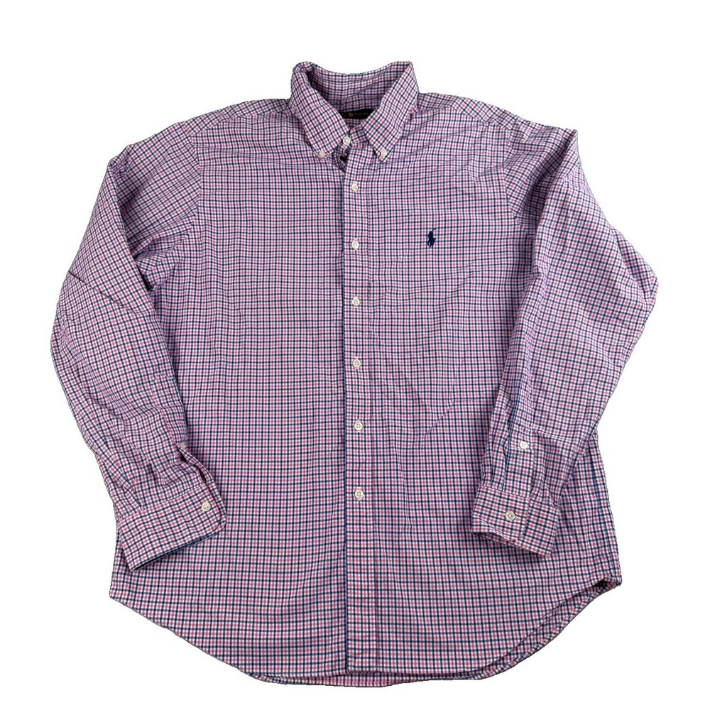 Polo Ralph Lauren Shirt Mens L Pink Blue Check Button Down Long Sleeve Pony